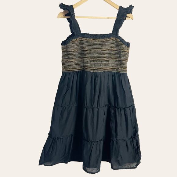 J.Crew Black Smocked Embroidered Tiered Ruffle Mini Dress Size Large - Picture 3 of 12